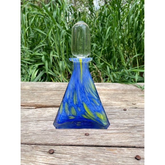 Vintage 1960s MCM Art Glass Petite Decanter Blue Yellow Swirl - Picture 15 of 16